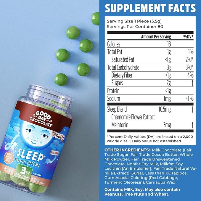 Good Day Chocolate Melatonin for Adults [ 80 Count ] - Fair Trade Non-GMO Chocolate with Chamomile and Melatonin 3 mg - Adult Melatonin Adult Natural Sleep Aid Supplement