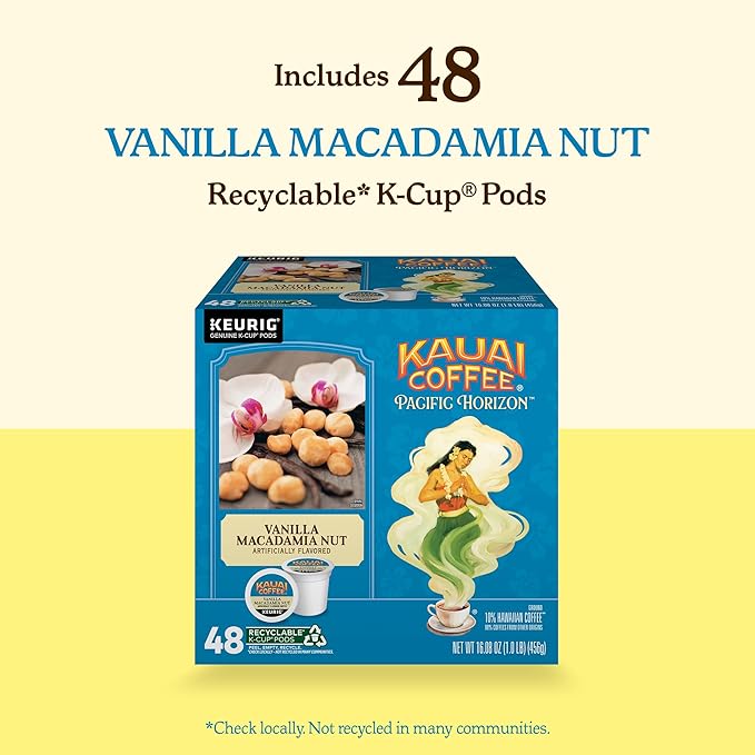 Kauai Coffee K-Cup Pods for Keurig Brewers – Arabica Coffee 10% Hawaiian – Medium Roast Vanilla Beans with Toasted Macabamia Nuts – Vanilla Macadamia Nut 1 Pack of 48 Single Serve K-Cups