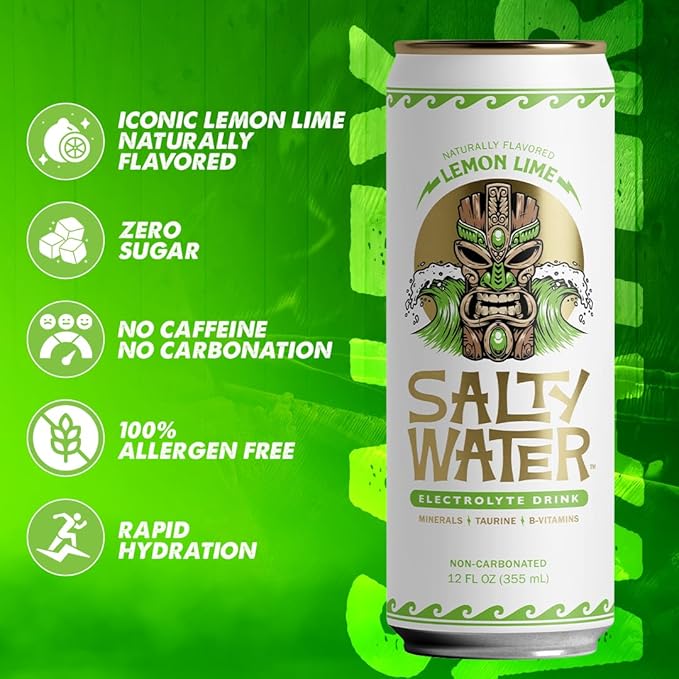 SaltyWater Electrolyte Drink Lemon Lime – Zero Sugar Premium Hydration Drink 10 Calories Minerals Taurine B-Vitamins Non-Carbonated - Zero Caffeine Electrolyte Sports Drink - Gluten Free - 12 Pa