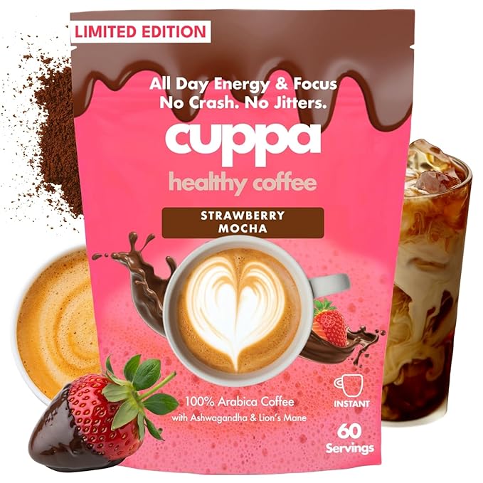Cuppa Coffee - Great tasting Straberry Mocha coffee with mushrooms adaptogens &amp superfoods - Lion's Mane Ashwagandha Cordyceps MCT Prebiotic Fiber &amp L-Theanine. Supports natural energy &a