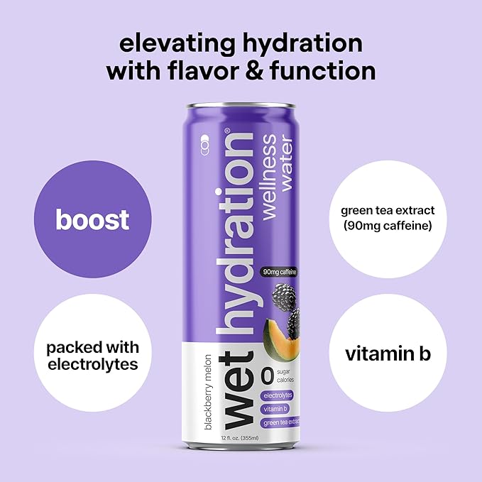Wet Hydration | Functional Wellness Water Non-Carbonated - Blackberry Melon (12 Ounce Cans Pack of 12) - Flavored Water Hydration Drink No Sugar No Artificial Ingredients Zero Calories (Packagin