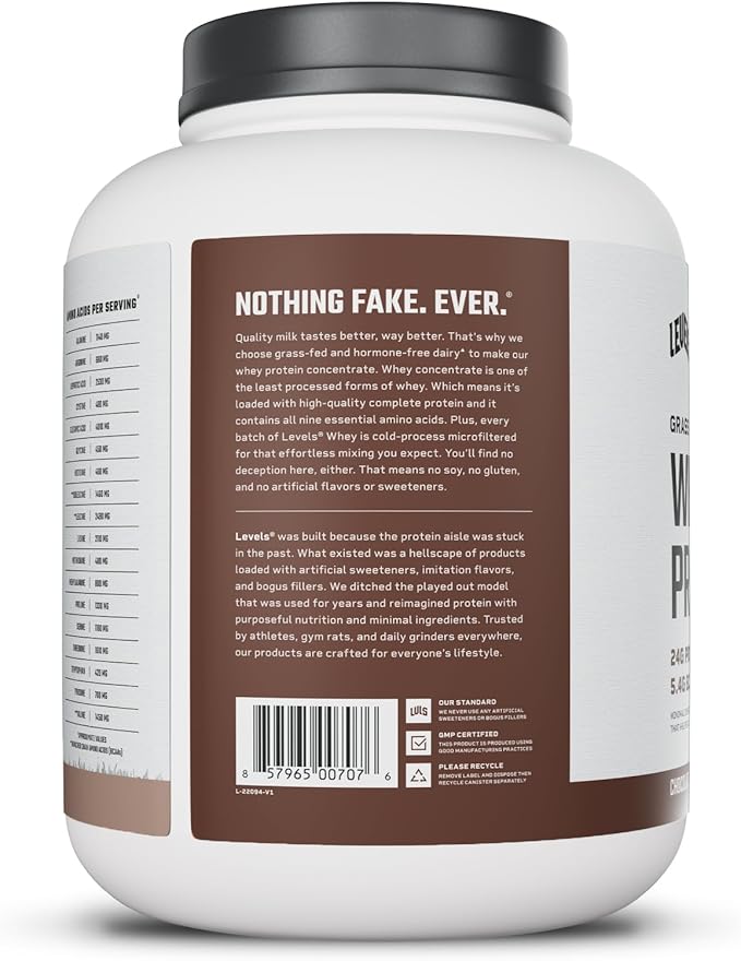 Levels Grass Fed Whey Protein Powder No Artificials 24G of Protein Chocolate Mocha 5LB