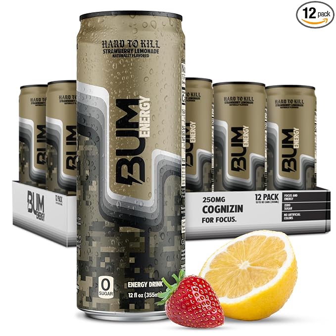 BUM Sugar-Free Energy Drink Strawberry Lemonade - Lightly Carbonated &amp No Artificial Colors Natural Caffeine &amp Citicoline for Energy Focus Brain Boost &amp Workout Sports Beverage - 12 oz