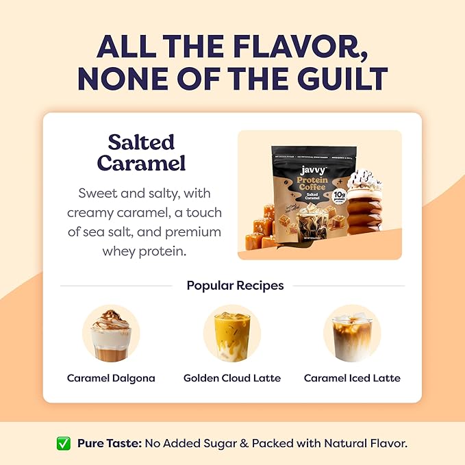 Salted Caramel Protein Iced Coffee - Premium Whey Protein &amp Instant Iced Coffees - 100% Natural Cold Brew - Zero Artificial Flavors &amp Sweeteners 80 mg Caffeine No Added Sugar 20 Servings