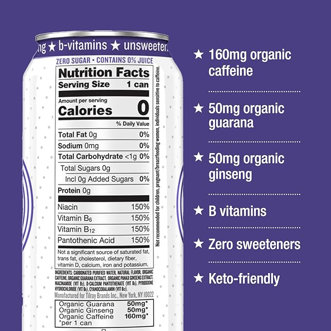 Hiball Clean Energy Drink - Blackberry - Zero Sugar Zero Calorie Sparkling Water with 160mg Organic Caffeine 50mg Organic Ginseng 50mg Organic Guarana and B Vitamins - 16 fl oz (8-Pack)
