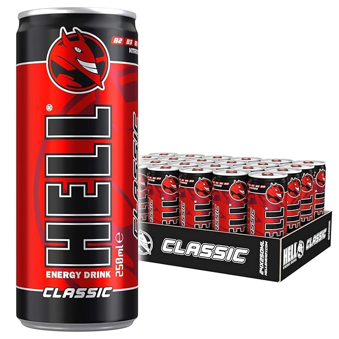 HELL CLASSIC Energy Drink | 32 mg/100 ml Caffeine | Vitamins B3 B5 B6 B12 | No Preservatives | Environmentally Friendly Packaging | 24 x 250ml | Compatible with HELL Energy
