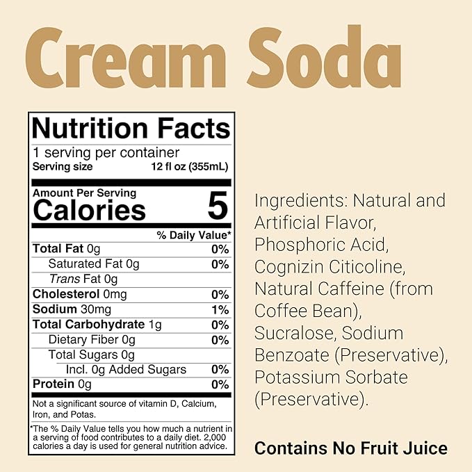 BUM Sugar-Free Energy Drink Cream Soda - Lightly Carbonated &amp No Artificial Colors Natural Caffeine &amp Citicoline for Energy &amp Focus Brain Boost &amp Workout Sports Beverage - 12 oz Pa