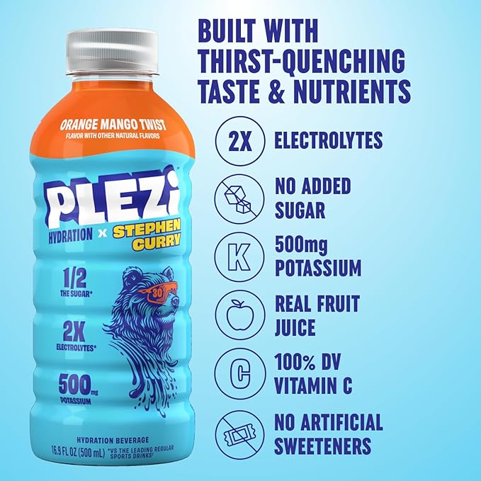PLEZi FiZZ Strawberry Lemonade &amp Orange Mango Hydration Drink Bundle – Sparkling Juice &amp Electrolyte Beverage with Real Fruit Juice No Added Sugar Low Sugar – 12 Fl Oz + 16.9 Fl Oz (24 Pack