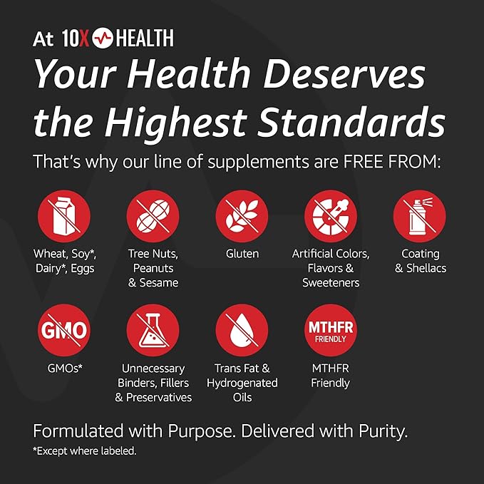 10X Health TMG Supplements - Trimethylglycine Supplement for Liver Support Heart Wellness Energy Homocysteine Levels - TMG Capsules with Betaine Anhydrous - Non-GMO &amp Gluten-Free - 60 Capsules