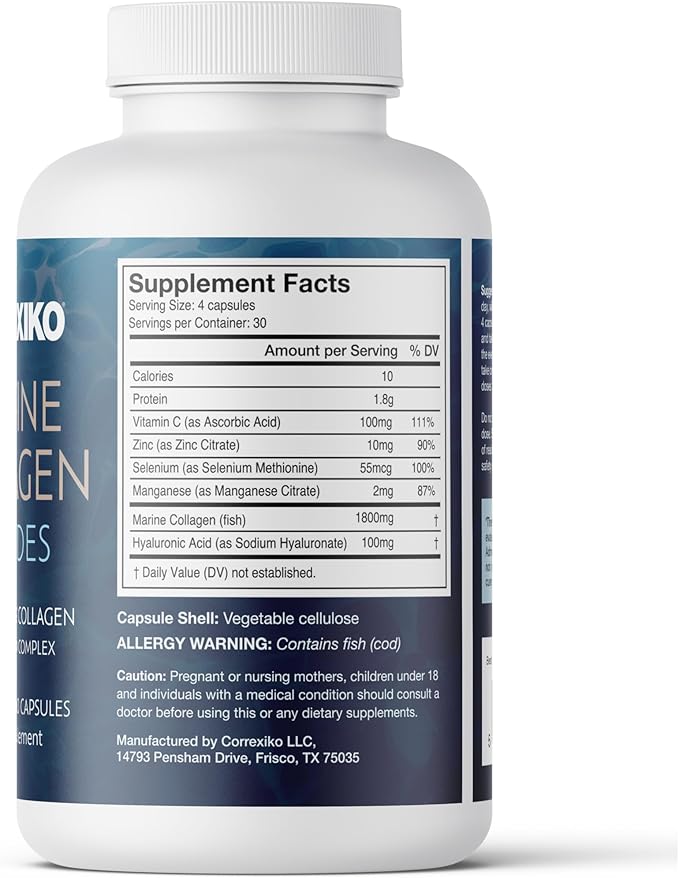 CORREXIKO Marine Collagen Supplement Pills - 1800mg Hydrolyzed Collagen Peptides per Serving with Added Hyaluronic Acid Vitamin C &amp Minerals - for Hair Skin &amp Nails - 120 Capsules 30 Day Sup
