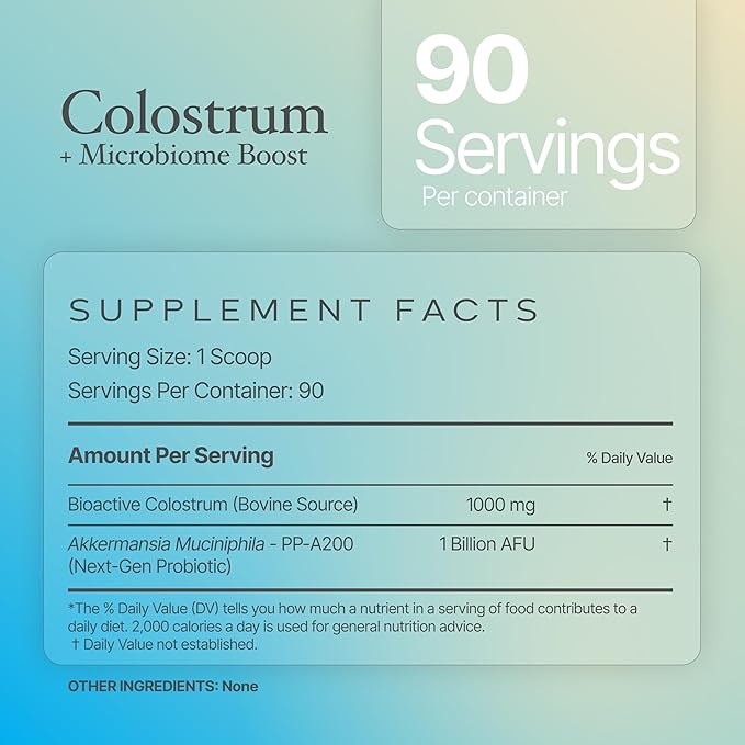 Colostrum Powder | Grass-Fed Bovine Colostrum with Akkermansia Probiotic 1B AFU | Microbiome &amp Gut Support | High IgG Advanced Formula | 90 Servings