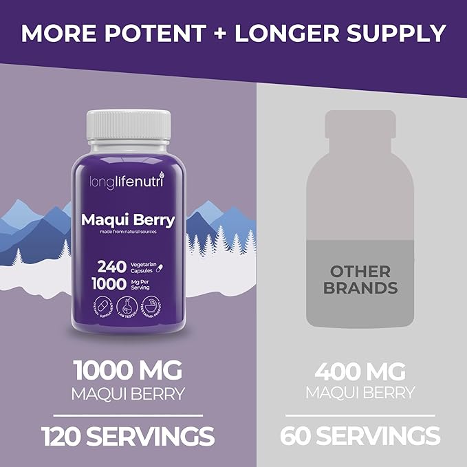 LongLifeNutri Maqui Berry 1000 mg – 240 Veg Caps (4-Month Supply) Organic Antioxidant Superfruit Vegan Non-GMO GMP-Made in USA