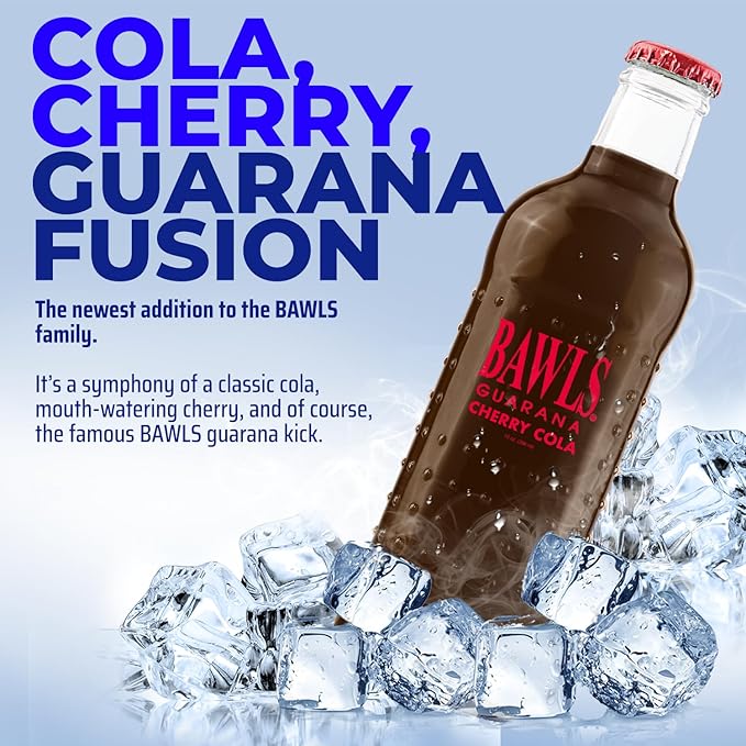 BAWLS Guarana Cherry Cola BAWLS Guarana Drink Guarana Soda Guarana Fueled Soda for Energy High Energy Caffeinated Drink 10oz 12 Pack Glass Bottles