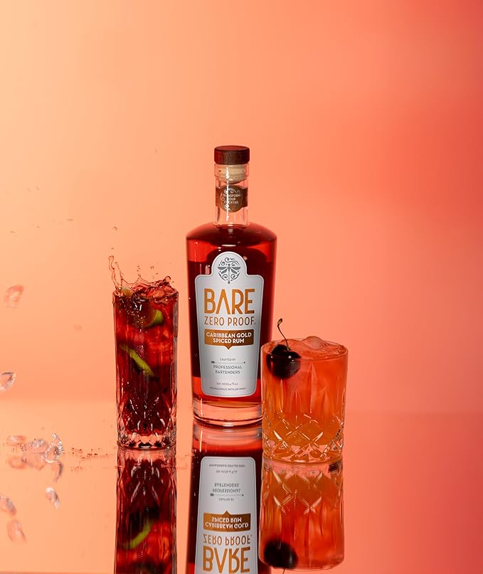 BARE Zero Proof® Caribbean Gold Spiced Rum Alternative – Non-Alcoholic Rum-Inspired Spirit for Craft Cocktails – Alcohol-Free Spiced Blend with Molasses Caramel &amp Vanilla – Low-Cal NA Beverage
