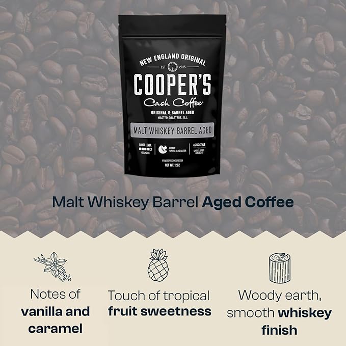 Whiskey Barrel Aged Coffee Single-Origin Sumatra Beans Aged in American Malt Whiskey Barrels Medium Dark Roast Whole Bean 12 oz