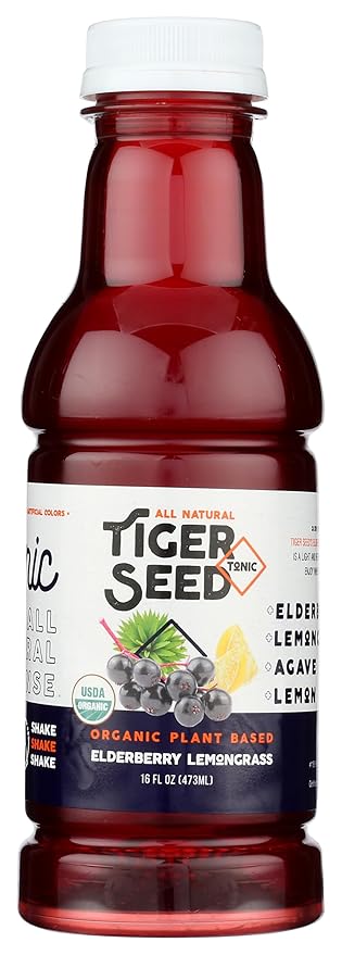 Tiger Seed Elderberry Lemongrass - Pack (12) 16 fl oz Bottles - All Natural Hydration - Plant BasedVegan Organic Kosher