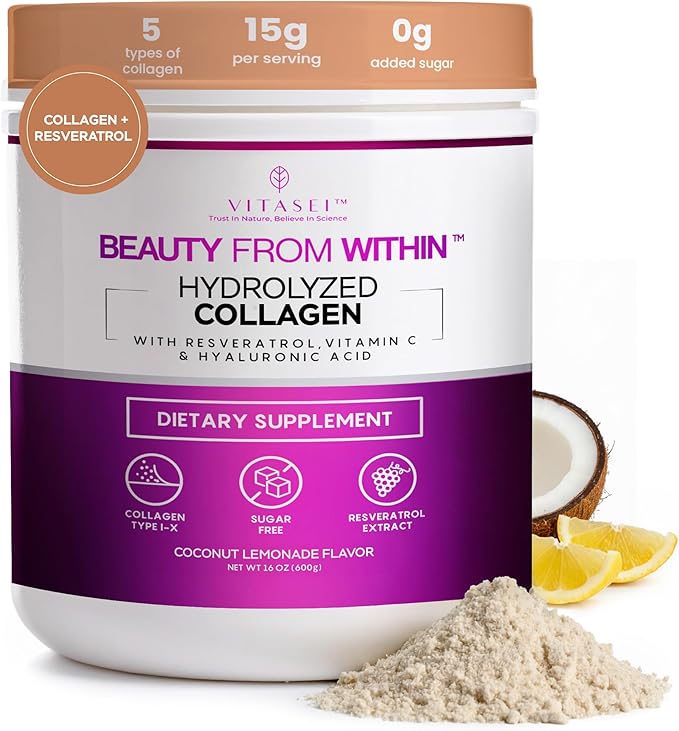 VITASEI Hydrolyzed Collagen Peptides Powder with Resveratrol &amp Vitamin C – Hair Skin &amp Joint Support – Colágeno Hidrolizado for Women &amp Men – Refreshing Coconut Lemonade Flavor 16 oz (30