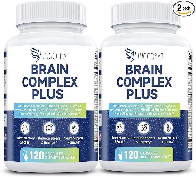 2-Pack Brain Supplements for Memory &amp Focus | Nootropic with Bacopa Lion's Mane Alpha GPC | Mental Clarity &amp Cognitive Support | Vitamin B6 &amp B12 – 240 Caps (120/Bottle)
