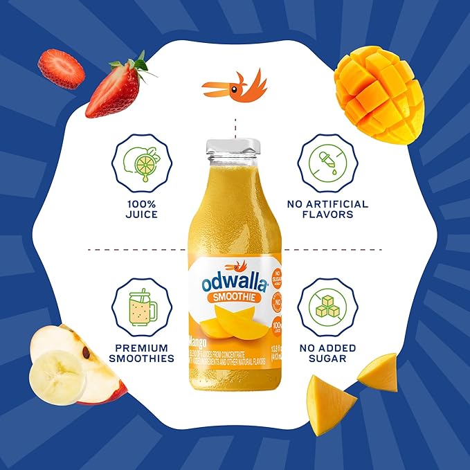 Odwalla Smoothie - Fruit Smoothie Mix Ready to Drink Juice Blend No Added Sugar No preservatives - 13.9 oz Glass Bottles - Mango
