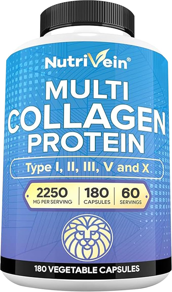 Nutrivein Premium Multi Collagen Pills 2250 mg - 180 Easy-to-Swallow Collagen Capsules: Type I II III V X Hydrolyzed Protein Peptides for Women and Men - Aging Joints Hair Skin Bones &amp Na