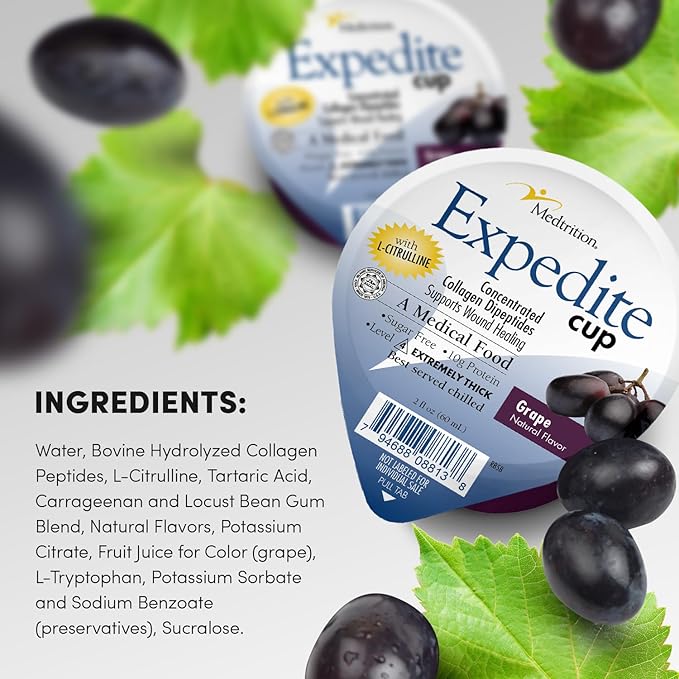 Medtrition Expedite Gelatein Cup Fast Track Wound Healing 30X More Collagen Dipeptides Than Powder Supports Foot Ulcers Cosmetic Surgery and More - Grape - 2 Fl Oz (Pack of 36)