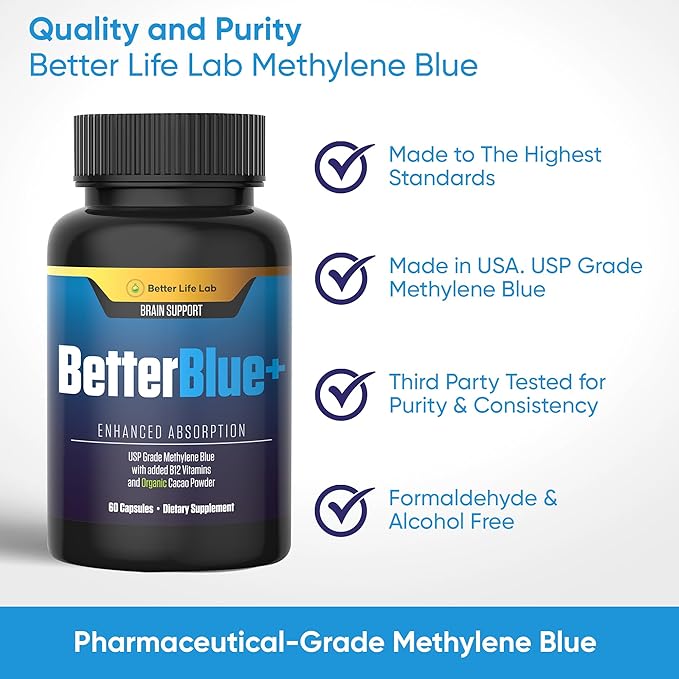 Methylene Blue Capsules 60 Count - Pharmaceutical Grade USP for Brain Energy and Cellular Health - Mental Clarity Support Supplement