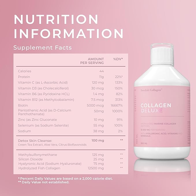 Swedish Collagen Deluxe | 12500 mg Hydrolyzed Marine Collagen Liquid Supplement - 3 x 500 ml (1500 ml in Total) 60 Day Supply | Hyaluronic Acid Biotin &amp Vitamin C for Hair Skin Nails &amp J