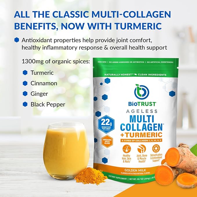 BioTrust Collagen Powder with Turmeric – 5 Types (I II III V X) – Turmeric Collagen Powder for Women &amp Men – Hydrolyzed Protein – Grass Fed Beef Fish Chicken Eggshell Membrane (Golden Milk)