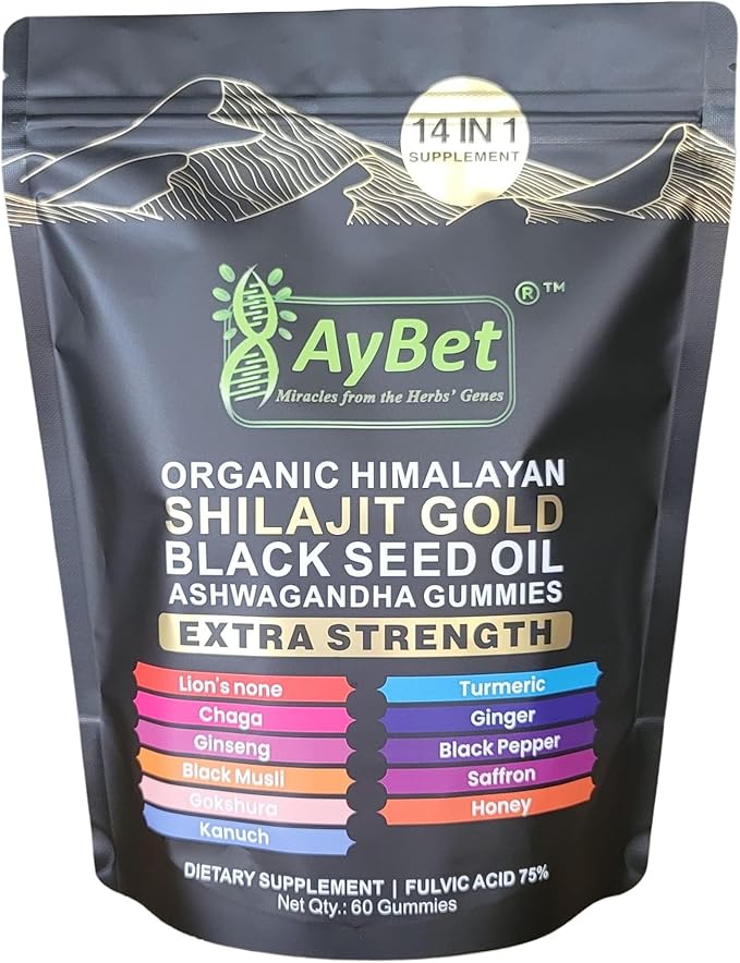 Organic Himalayan Shilajit Gold Gummies for Men and Women Black Seed Oil Ashwagandha Ginseng Turmeric Gokshura Lion's None Lab Tested%75 Fulvic Acid No Sugar Added Halal 60Gummy