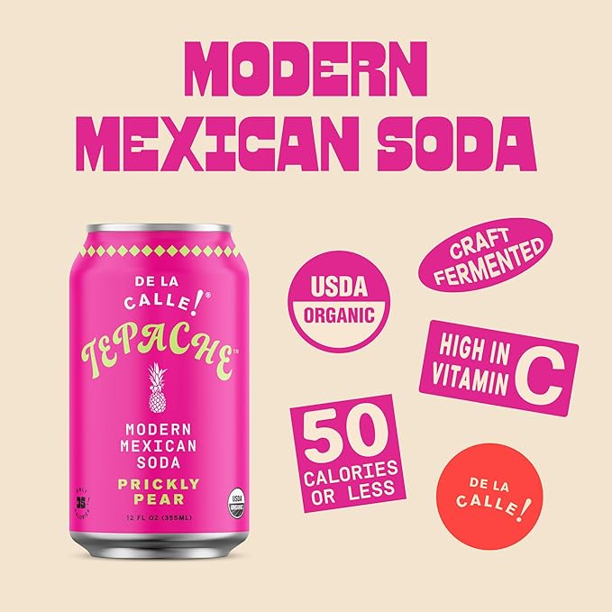 De La Calle Tepache - Cactus Prickly Pear - Modern Mexican Soda - Craft Fermented Pineapple Sparkling Beverage - Certified Organic Antioxidant Rich Non-Alcoholic Healthy Soda Low Sugar Low Calori