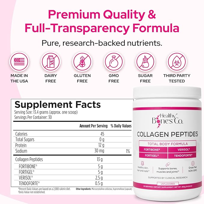 FORTIBONE® Premium Bone Health Collagen Peptides w/FORTIGEL® VERISOL® &amp TENDOFORTE® Clinically-Supported for Bones Joints Skin Hair Nails Hydrolyzed Collagen Anti-Aging Formula (30 Servings)