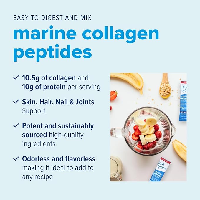 Just Bjorn Marine Collagen Peptides Powder On-The-Go Stick Packs (10 Pack) + 45 Serving Pouch (17.3 Ounce) - Skin Hair Nail and Joint Support - Hyaluronic Acid Vitamin C Amino Acids - Unflavored