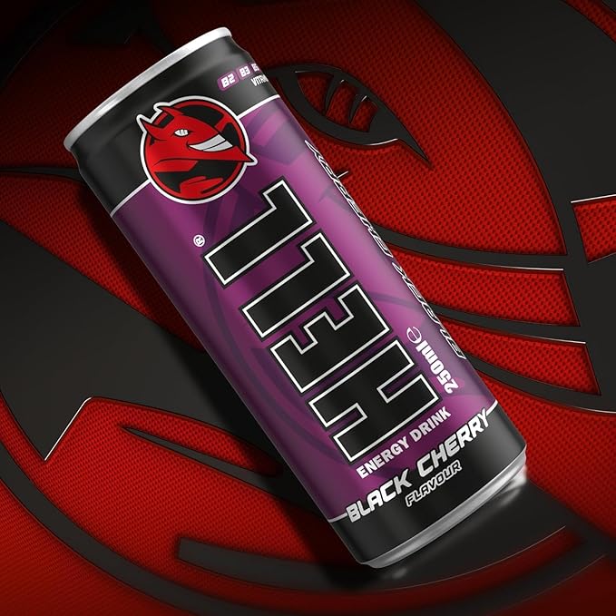 HELL BLACK CHERRY Energy Drink | 32 mg/100 ml Caffeine | Vitamins B3 B5 B6 B12 | No Preservatives | Environmentally Friendly Packaging | 24 x 250ml | Compatible with HELL Energy