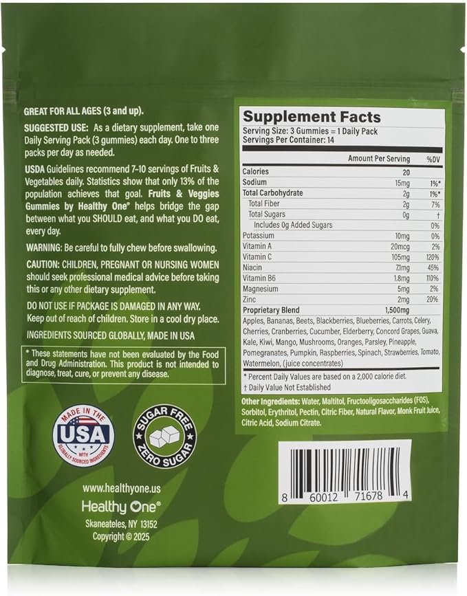 Fruits &amp Veggies Sugar-Free Gummies - 27 Whole Foods - Equals 3 Servings of Fruits &amp Vegetables - Improve Energy Focus &amp Immune Function - Fiber - Antioxidants - Organic Ingredients - 14