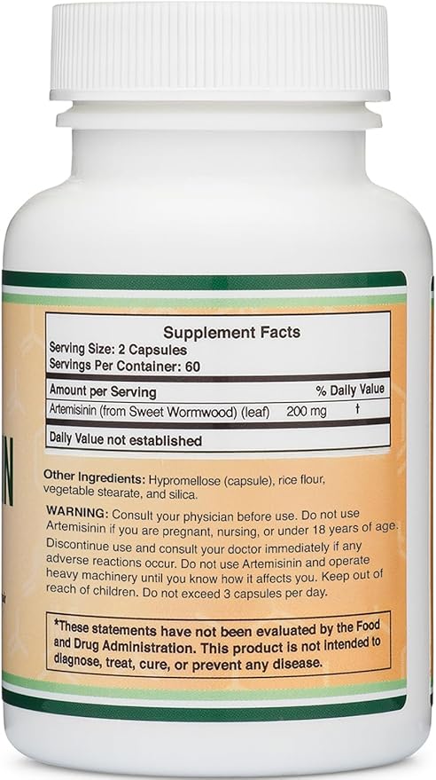 Artemisinin (Sweet Wormwood)(Artemisia Annua) 200mg Per Serving 120 Capsules (Two Month Supply) Vegan Safe Non-GMO Gluten Free (Immune Support) by Double Wood
