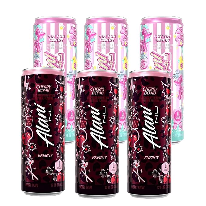 Alani Cherry Bomb &amp Cotton Candy Energy Drink Sugar Free Low Calorie Energy Drinks 12 fl oz Cans (Pack of 6)