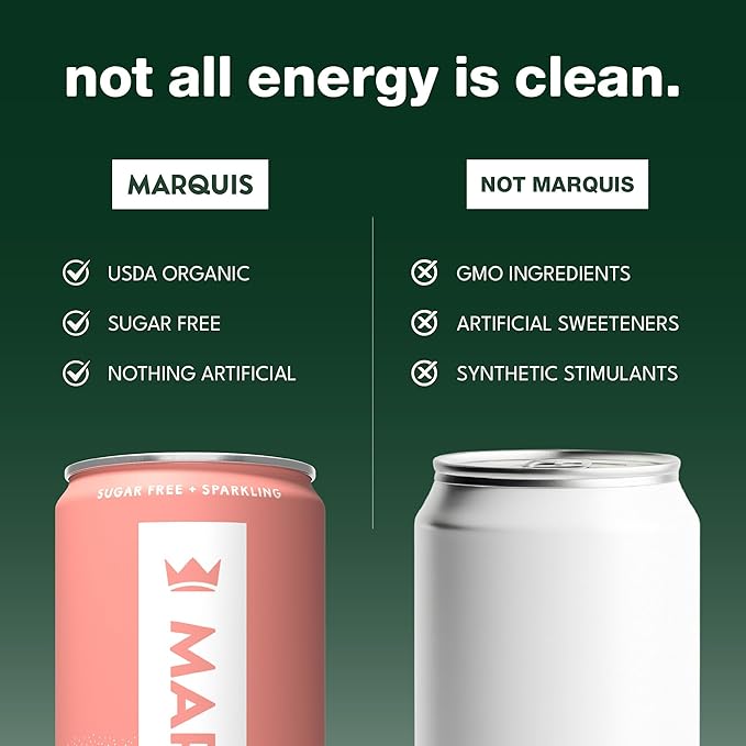 Marquis Natural Energy Drinks Sugar Free Zero Calories 100mg Organic Plant Based Caffeine Yerba Mate Green Tea &amp Green Coffee - Vitamin C &amp Bs - Lychee Peach Healthy Energy Drink - 12oz Cans