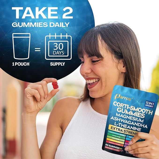 Corti-Smooth Cortisol Support Gummies with Magnesium L-Theanine Ashwagandha Phosphatidylserine Bacopa Monnieri Lions Mane Ginkgo Biloba Valerian Root (60 Gummies - Mixed Berry Flavor)
