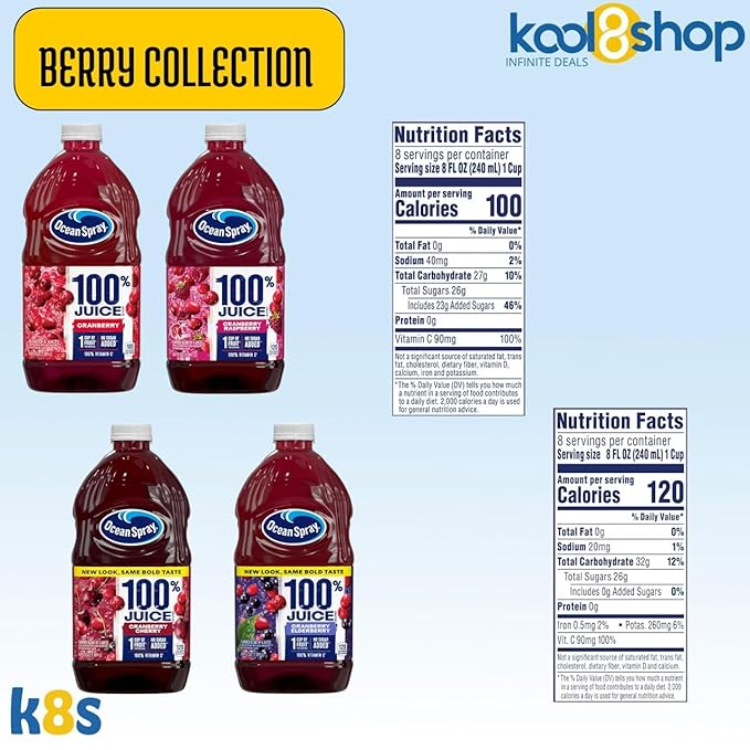 Ocean Spray 100% Berry Collection Fruit Juice No Added Sugar 64 fl oz 4 Pack + 15 Sugarcane Disposable Straws by KOOL8SHOP Infinite Deals