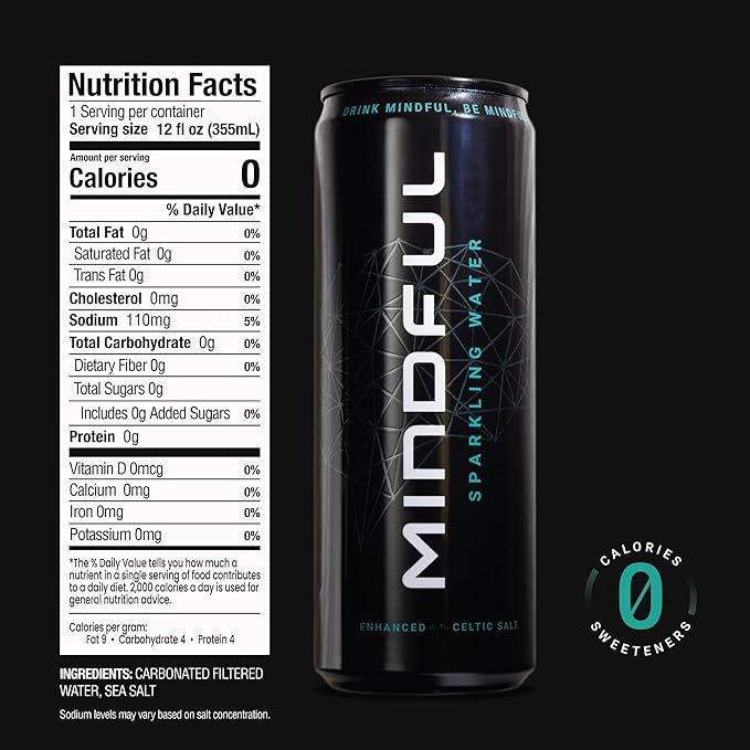 Mindful Sparkling Water by Shawn Ryan Carbonated Water and Celtic Salt Sugar Free Beverage with Natural Electrolytes Zero Calories Clean Hydration No Sweeteners Unflavored 12 FL OZ (12 Pack)
