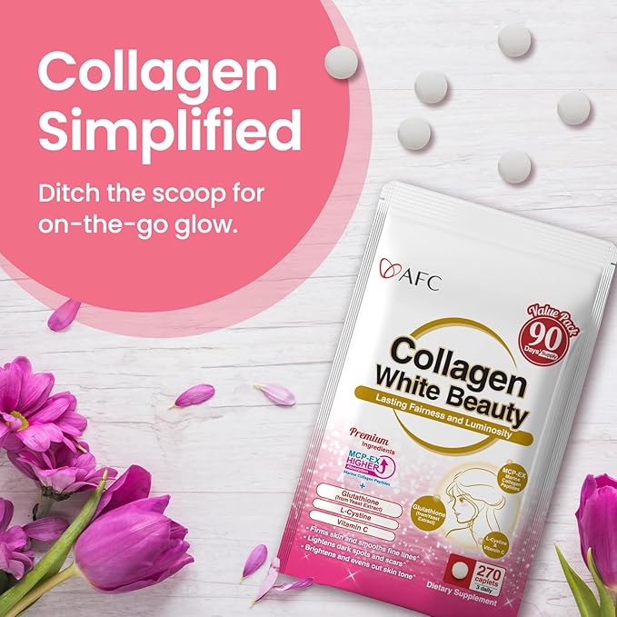 AFC Japan Collagen White Beauty with Marine Collagen Peptide Glutathione L-Cystine - 1.5X Better Absorption Than Other Collagen – Supports Skin Firmness &amp Radiance– 90 Days Supply