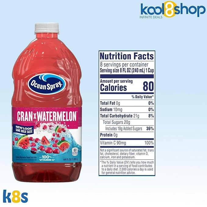 Ocean Spray Cran Watermelon Fruit Juice Drink 64 fl oz Plastic Bottle 4 Pack + 15 Sugarcane Disposable Straws by KOOL8SHOP Infinite Deals