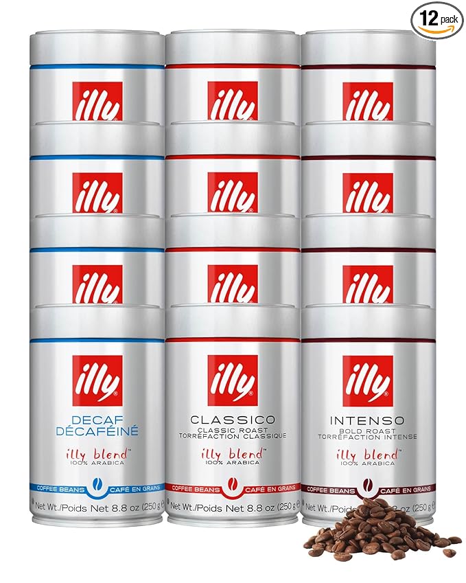 illy Whole Bean Coffee Classico Medium Decaffeinated and Intenso Bold Roasts 100% Arabica Premium Italian Coffee Ideal for Espresso Drip Moka and French Press Brewing 8.8oz 12 Variety Pack