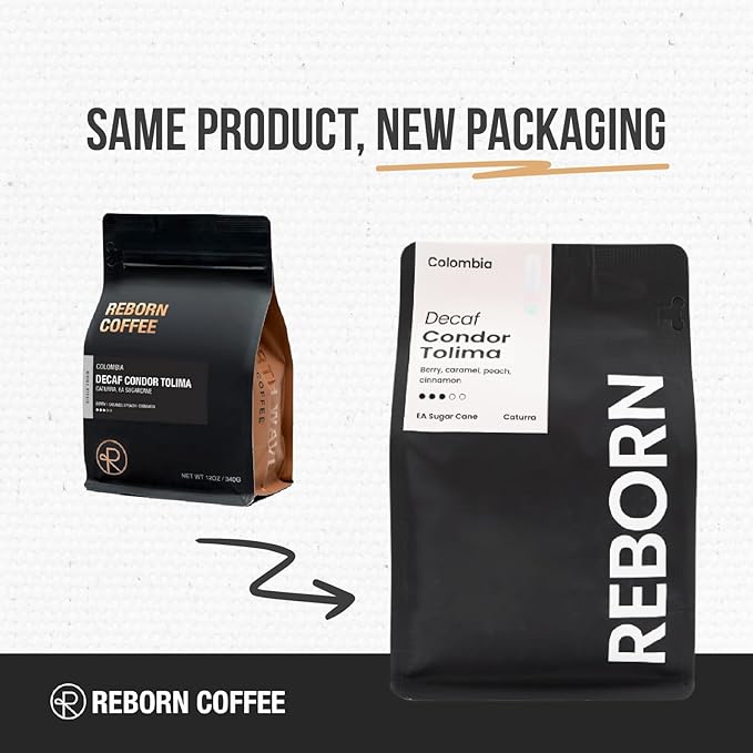 Reborn Coffee Specialty Whole Bean Decaf Coffee Medium Roast 12 Ounce Colombia Condor Tolima Flavor Notes of Berry Caramel Peach and Cinnamon