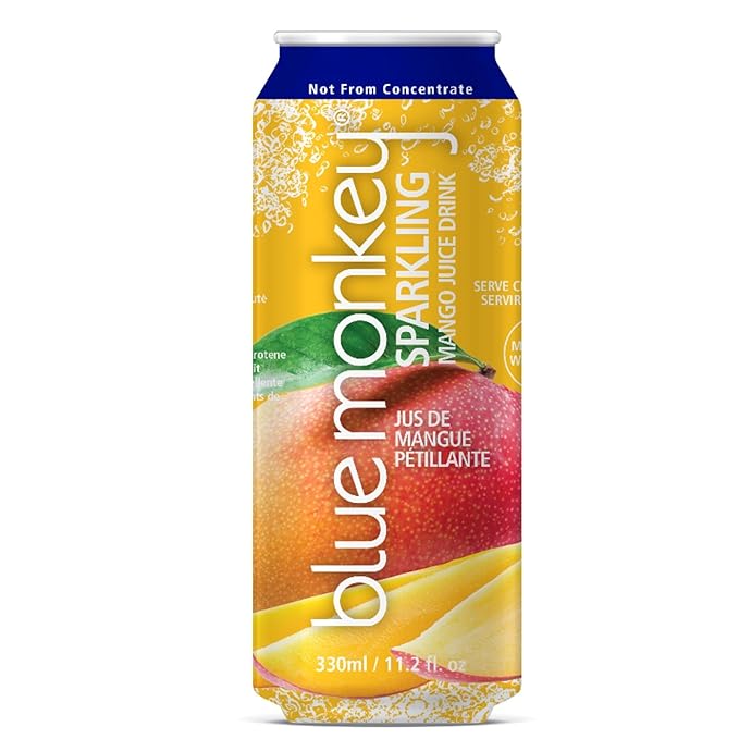 Blue Monkey Sparkling Mango Juice - Real Fruit Juice No Sugar Added All Natural Lightly Carbonated Halal Certified - Refreshing Tropical Sparkling Water Alternative - 11.2oz (330ml) 12 Pack