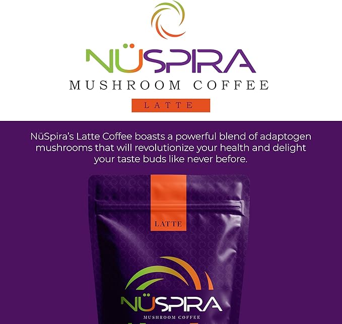 NüSpira - Latte Mushroom Coffee - Premium Blend of 6 Adaptogen Mushrooms for Vitality Brain Clarity Gut Health &amp Immune Support - 24 Pack