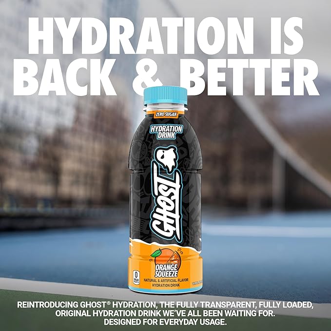 GHOST Hydration Drink Orange Squeeze - RTD Sports Drink with Electrolytes Natural Vitamins &amp Minerals - All Day Lifestyle Hydration Beverage - Zero Caffeine &amp Zero Sugars - 16.9 Fl Oz 12 Pa