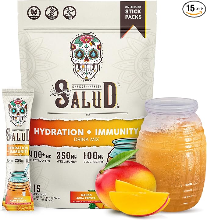 Salud 2-in-1 Hydration Packets + Immunity Electrolytes Powder Mango - Agua Fresca Drink Mix Elderberry Dairy &amp Soy Free Non-GMO Gluten Free Vegan Low Calorie 1g Sugar (15 Servings)