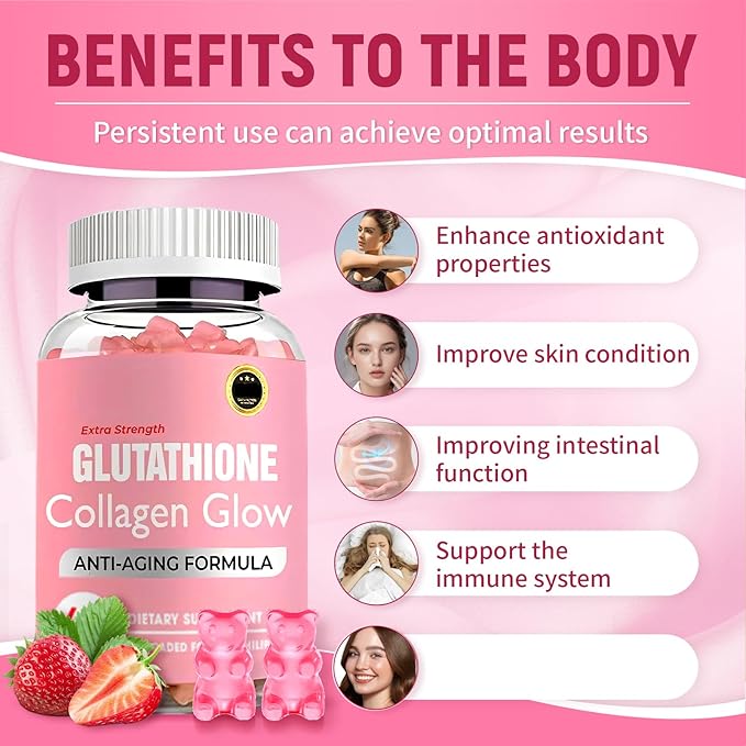 Collagen Peptides Gummies Glutathione Collagen Glow Gummies Korean Collagen Gummies to Rejuvenate Your Skin Support HairNail Health (2PCS)