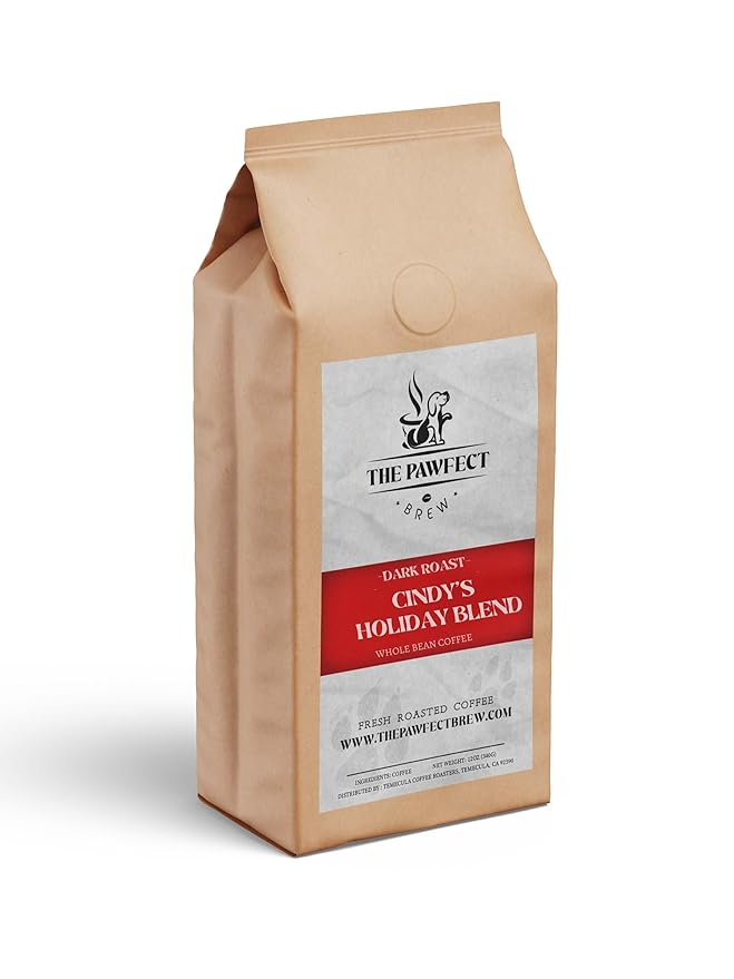 Dog Lovers Coffee – Cindy’s Holiday Blend Dark Roast Whole Bean Coffee by The Pawfect Brew – Specialty Grade Freshly Roasted to Order 12oz Bag – 25% Donated to Animal Rescue